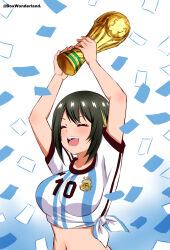 Rule 34 | 1girl, absurdres, akashi maho, arms up, black hair, blonde hair, blue background, box wonderland, breasts, celebration, closed eyes, confetti, d4dj, eyelashes, fifa world cup trophy, gradient background, highres, holding, holding trophy, large breasts, midriff, multicolored hair, navel, open mouth, shirt, short hair, short sleeves, sidelocks, smile, solo, spanish commentary, sportswear, striped clothes, striped shirt, teeth, tied shirt, trophy, two-tone hair, upper body, upper teeth only, white background, white shirt