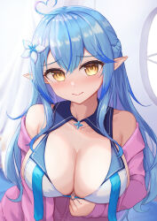 Rule 34 | 1girl, absurdres, ahoge, bikini, blue collar, blue hair, braid, breasts, cleavage, collar, commentary request, detached collar, flower, french braid, hair flower, hair ornament, heart, heart ahoge, highres, hololive, jacket, large breasts, long hair, looking at viewer, multicolored hair, pink jacket, pointy ears, solo, streaked hair, swimsuit, typho, virtual youtuber, white bikini, yellow eyes, yukihana lamy