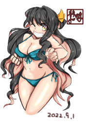 Rule 34 | 1girl, absurdres, aqua bikini, bikini, black hair, breasts, cleavage, colored inner hair, cowboy shot, dated, grin, hair ribbon, highres, kantai collection, large breasts, long hair, looking at viewer, multicolored hair, naganami (kancolle), one-hour drawing challenge, one eye closed, pink hair, ribbon, shizuwaza, side-tie bikini bottom, smile, solo, swimsuit, two-tone hair, wavy hair, yellow eyes
