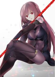 Rule 34 | 1girl, armor, bodysuit, breasts, covered navel, fate/grand order, fate (series), gae bolg (fate), highres, large breasts, long hair, looking at viewer, parted lips, pauldrons, polearm, purple bodysuit, purple hair, red eyes, scathach (fate), scathach (fate), shoulder armor, sino (sionori), sketch, smile, solo, spear, weapon