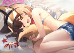 Rule 34 | 1girl, absurdres, animal ear fluff, animal ears, bikini, blue archive, blue bikini, breasts, brown hair, crab, denim, denim shorts, eyeshadow, fang, fox ears, fox girl, fox tail, halo, highres, hugging own tail, hugging tail, izuna (blue archive), izuna (swimsuit) (blue archive), knees up, looking at viewer, lying, makeup, on ground, on side, one eye closed, open mouth, outdoors, pink eyeshadow, poe, purple halo, short hair, shorts, skin fang, small breasts, smile, solo, starfish, striped bikini, striped clothes, sunlight, swimsuit, tail, visor cap, waves, wet, yellow eyes