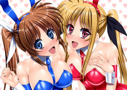 Rule 34 | 00s, 2girls, absurdres, animal ears, armband, bad id, bad pixiv id, between breasts, blonde hair, blue eyes, blue necktie, breasts, brown hair, cleavage, detached collar, fake animal ears, fate testarossa, highres, leotard, long hair, lyrical nanoha, mahou shoujo lyrical nanoha, multiple girls, necktie, necktie between breasts, pantyhose, playboy bunny, rabbit ears, red eyes, red necktie, sen (sansui), takamachi nanoha, twintails, wrist cuffs