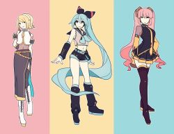 Rule 34 | 3girls, absurdly long hair, adapted costume, alternate hairstyle, aqua eyes, aqua hair, black legwear, blonde hair, blue eyes, boots, bow, cosplay, costume switch, detached sleeves, female focus, green hair, hair bow, hair ribbon, hairstyle switch, hatsune miku, hatsune miku (cosplay), headphones, headset, hikusa, kagamine rin, kagamine rin (cosplay), leg warmers, long hair, long skirt, megurine luka, megurine luka (cosplay), midriff, multiple girls, necktie, open mouth, pink hair, ribbon, sailor collar, short hair, shorts, side ponytail, side slit, skirt, sleeveless, thigh boots, thighhighs, twintails, very long hair, vocaloid