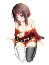 Rule 34 | 1girl, absurdres, bandaged leg, bandages, bare shoulders, barefoot, belt, black thighhighs, blush, breasts, brown hair, cleavage, closed mouth, clothes pull, collarbone, commentary, dress, dress pull, full body, highres, kono subarashii sekai ni shukufuku wo!, looking at viewer, medium breasts, medium hair, megumin, nokonoke, off-shoulder dress, off shoulder, red dress, red eyes, short dress, short hair with long locks, simple background, single thighhigh, sitting, smile, solo, thighhighs, thighs, wariza, white background