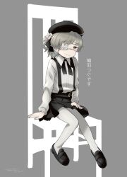 Rule 34 | 1girl, :&gt;, ahoge, arm support, beret, black hat, black ribbon, blush, brown eyes, chair, character name, collared shirt, commentary request, eyepatch, flower, full body, grey background, grey hair, hair flower, hair ornament, hair ribbon, hand on own thigh, hat, hatoba tsugu, highres, kurosu tsugutoshi, light smile, loafers, long sleeves, looking at viewer, medical eyepatch, medium hair, mole, mole under eye, neck ribbon, one eye covered, pantyhose, raised eyebrows, ribbon, rose, shirt, shirt tucked in, shoes, signature, simple background, single hair ring, sitting, skirt, solo, suspender skirt, suspenders, translation request, tsugu (vtuber), virtual youtuber, white flower, white pantyhose, white rose