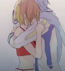Rule 34 | 1boy, 1girl, akiyoshi (tama-pete), bare arms, bare shoulders, belt, blue hair, blue nails, brown hair, coat, eyelashes, fingernails, grey background, hair over eyes, hand on another&#039;s head, hug, kaito (vocaloid), lowres, meiko (vocaloid), nail polish, profile, red nails, scarf, short hair, simple background, tank top, upper body, vocaloid
