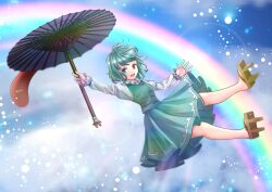 Rule 34 | 1girl, blue eyes, blue hair, blue skirt, blue vest, brown footwear, commentary request, cross-laced clothes, full body, geta, heterochromia, highres, holding, holding umbrella, kyabekko, light particles, looking at viewer, oil-paper umbrella, open mouth, outdoors, rainbow, red eyes, shirt, short hair, skirt, solo, tatara kogasa, touhou, umbrella, vest, white shirt