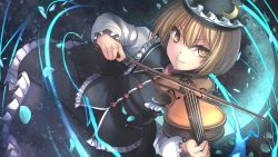 Rule 34 | 1girl, black hat, black skirt, black vest, blonde hair, bow (music), buttons, closed mouth, commentary request, cowboy shot, crescent, dutch angle, energy, frills, hair between eyes, hat, highres, holding, holding instrument, holding violin, instrument, janne cherry, long sleeves, lunasa prismriver, petals, puffy long sleeves, puffy sleeves, short hair, skirt, skirt set, smirk, solo, touhou, vest, violin, yellow eyes