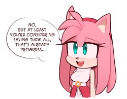 Rule 34 | 1girl, alternate costume, alternate hairstyle, amy rose, aqua eyes, bare shoulders, breasts, furry, furry female, hairband, highres, long hair, lowered eyelids, medium breasts, open mouth, red hairband, red skirt, shirt, skirt, sleeveless, sleeveless shirt, smile, solo, sonic (series), speech bubble, toonsite, upper body, white shirt
