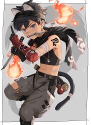 Rule 34 | 1boy, absurdres, animal ears, asuka shirou, bandages, black hair, cat boy, cat ears, cat tail, commentary request, fire, grey background, highres, holding, holding weapon, male focus, midriff, mouth hold, navel, original, purple eyes, simple background, solo, tail, teeth, weapon