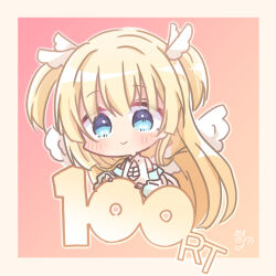 Rule 34 | 1girl, absurdres, angel, angel wings, ascot, bare shoulders, blonde hair, blue eyes, blunt ends, blush, border, chibi, closed mouth, commentary, eyes visible through hair, hair between eyes, highres, long hair, long sleeves, looking at viewer, milestone celebration, pink background, pink border, shirayuki noa, shirt, signature, simple background, smile, solo, tenshi souzou re-boot!, two side up, utuigawa, very long hair, white ascot, white shirt, wing hair ornament, wings