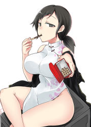 Rule 34 | 10s, 1girl, black eyes, black hair, breasts, china dress, chinese clothes, devil survivor 2, dress, food in mouth, kanno fumi, large breasts, looking at viewer, devil survivor, pocky, short hair, sitting, solo, thighs, zanku