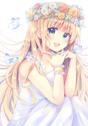 Rule 34 | 1girl, :d, absurdres, aqua nails, bare shoulders, blonde hair, blunt bangs, bra, bug, butterfly, dress, fingerless gloves, fingernails, flower, gloves, green eyes, head wreath, highres, insect, long hair, looking at viewer, nail polish, niikura kaori, open mouth, original, revision, rose, simple background, sitting, smile, solo, underwear, white background, white dress, wristband, yellow bra, yellow flower, yellow rose