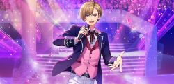 Rule 34 | 1boy, afterl!fe, blazer, blonde hair, blue eyes, highres, idol, jacket, looking at viewer, male focus, microphone, official art, open mouth, second-party source, short hair, smile, solo, stage, teeth, theo (afterl!fe), vest