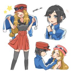 Rule 34 | 1boy, 1girl, black hair, black shirt, black thighhighs, blonde hair, blue eyes, blue jacket, blush, borrowed clothes, cabbie hat, calem (pokemon), closed eyes, commentary request, creatures (company), game freak, hand on another&#039;s face, hat, jacket, long hair, nintendo, one eye closed, open mouth, pink hat, pokemon, pokemon xy, rain (tonight 862), red hat, red skirt, serena (pokemon), shirt, short hair, short ponytail, simple background, skirt, sleeveless, sleeveless shirt, smile, sunglasses, tearing up, thighhighs, twitter username, white background