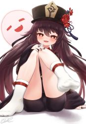 Rule 34 | 1girl, black hat, black nails, black shorts, blush, brown hair, closed eyes, fang, feet, genshin impact, ghost, half-closed eyes, hat, highres, hu tao (genshin impact), j2l, jewelry, long sleeves, looking at viewer, nail polish, open mouth, red eyes, ring, shorts, smile, socks, solo, spread legs, thighs, twintails