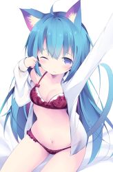 Rule 34 | 1girl, animal ear fluff, animal ears, arm up, bare shoulders, bed sheet, blue eyes, blue hair, blush, bow, bow bra, bra, breasts, cat ears, cat girl, cat tail, cleavage, closed mouth, collared shirt, groin, hair between eyes, hand up, kyuukon (qkonsan), long hair, long sleeves, medium breasts, navel, off shoulder, one eye closed, open clothes, open shirt, original, panties, red bra, red panties, rubbing eyes, shirt, sitting, sleeves past wrists, solo, tail, tail raised, underwear, very long hair, waking up, white shirt