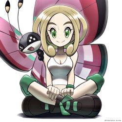 Rule 34 | 1girl, bare shoulders, black footwear, blonde hair, blush, boots, breasts, cleavage, collarbone, commentary, creatures (company), crop top, full body, game freak, gen 6 pokemon, green eyes, green shorts, green wristband, gym leader, highres, indian style, large breasts, looking at viewer, midriff, nintendo, on shoulder, parted bangs, pokemon, pokemon (creature), pokemon on shoulder, pokemon xy, shadow, shorts, simple background, sitting, smile, solo focus, tank top, thick eyebrows, twitter username, viola (pokemon), vivillon, white background, white tank top, wristband, yamane (viq4201)