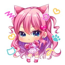 Rule 34 | 1girl, animal ears, animal hands, big head, blue eyes, blush, boots, capelet, cat ears, cat tail, chibi, closed mouth, commentary request, earrings, full body, fur-trimmed boots, fur trim, gloves, hair ornament, heart, heart hair ornament, highres, jewelry, long hair, looking at viewer, multicolored hair, original, paw gloves, pink footwear, pink gloves, pink hair, pink shirt, pk (mukasihasakana), purple hair, shirt, simple background, skirt, solo, standing, star (symbol), stud earrings, tail, two-tone hair, two side up, very long hair, white background, white capelet, white skirt