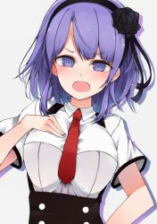 Rule 34 | 10s, 1girl, bad id, bad twitter id, breasts, cole (coleltu), dagashi kashi, flower, hair flower, hair ornament, hair ribbon, hairband, hand on own chest, looking at viewer, necktie, open mouth, purple eyes, purple hair, ribbon, ringed eyes, shidare hotaru, short hair, solo