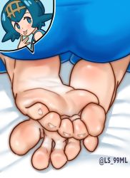 Rule 34 | 1girl, artist name, ass, barefoot, blue eyes, blue hair, blush, creatures (company), feet, foot focus, from behind, game freak, lana (pokemon), looking at viewer, medium hair, nintendo, pokemon, pokemon sm, smile, soles, solo, toes, tongue, tongue out, tsukimaru (ls 99ml)