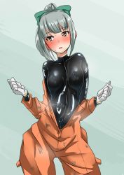 Rule 34 | 10s, 1girl, ayuayu (shouyu no sato), black bodysuit, blush, bodysuit, bodysuit under clothes, bow, breasts, brown eyes, hair bow, kantai collection, latex, latex suit, medium breasts, shiny clothes, short hair, silver hair, solo, sweat, yuubari (kancolle)