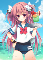 Rule 34 | 1girl, apple, apple slice, blush, bow, bowtie, brown eyes, brown hair, cloud, cowboy shot, day, drink, flower, food, fruit, hair bow, hand on own hip, hibiscus, holding, holding tray, izumiyuhina, long hair, no pants, ocean, one-piece swimsuit, original, outdoors, pocky, polka dot, polka dot bow, red bow, red bowtie, school swimsuit, school uniform, scrunchie, serafuku, short sleeves, sky, solo, sunlight, swimsuit, swimsuit under clothes, tray, tsurime, twintails, two side up, very long hair, water, white bow, wrist scrunchie
