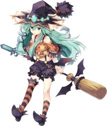 Rule 34 | 10s, 1girl, :&lt;, absurdres, aged down, bat wings, child, date a live, flat chest, gem, green eyes, green hair, hat, highres, long hair, matching hair/eyes, natsumi (date a live), navel, official art, simple background, solo, star (symbol), striped clothes, striped thighhighs, thighhighs, triangle mouth, tsunako, white background, wings, witch hat