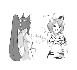 Rule 34 | &gt; &lt;, 2girls, animal ears, bandeau, bare shoulders, beans, bowl, breasts, clenched hands, cropped torso, detached sleeves, ear covers, greyscale, holding, holding bowl, horse ears, long hair, long sleeves, mask, mask on head, midriff, monochrome, multiple girls, narita brian (umamusume), navel, nazono77, open mouth, ponytail, sailor collar, sakura laurel (umamusume), shirt, short hair, small breasts, smile, speed lines, throwing, umamusume, umamusume: star blossom, upper body