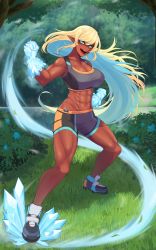 Rule 34 | 1girl, abs, absurdres, blonde hair, blue eyes, blurry, blurry background, breasts, buttslayer, commission, dark-skinned female, dark skin, day, elf, full body, grass, hair between eyes, highres, large breasts, long hair, looking at viewer, muscular, muscular female, navel, open mouth, original, outdoors, pointy ears, shadow, shorts, solo, sports bra, standing, teeth, tongue, tree, two-tone sports bra, very long hair