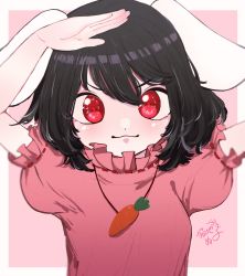 Rule 34 | 1girl, absurdres, animal ears, black hair, border, carrot necklace, closed mouth, commentary, hair between eyes, highres, inaba tewi, looking at viewer, medium hair, necklace, nukojinuko, puffy short sleeves, puffy sleeves, rabbit ears, rabbit girl, red eyes, salute, short sleeves, signature, simple background, solo, touhou, upper body, v-shaped eyebrows, wavy mouth, white border