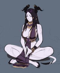 Rule 34 | 1girl, bare arms, bare shoulders, black hair, bracelet, breasts, closed eyes, colored skin, commentary, curled horns, demon girl, digitigrade, english commentary, facial mark, forehead mark, full body, grey background, highres, hooves, horn ornament, horn ring, horns, ida (tarakanovich), indian style, jewelry, long hair, medium breasts, monster girl, original, own hands together, pelvic curtain, simple background, sitting, sketch, solo, tail, tarakanovich, white skin