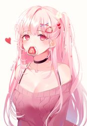 Rule 34 | 1girl, aran sweater, bare shoulders, black choker, blush, breasts, cable knit, choker, cleavage, collarbone, commentary request, daifuku, earrings, fang, flower, flower earrings, food, food-themed hair ornament, food in mouth, fruit, hair flower, hair ornament, hairclip, heart, highres, ichigo daifuku, jewelry, long hair, looking at viewer, medium breasts, mouth hold, naru 0, off-shoulder sweater, off shoulder, one side up, original, pink hair, pink sweater, red eyes, simple background, solo, strawberry, strawberry hair ornament, sweater, twitter username, upper body, very long hair, wagashi, white background, white flower, x hair ornament