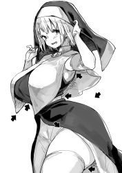 Rule 34 | 1girl, armpits, arrow (symbol), blush, breasts, curvy, elbow gloves, en&#039;en no shouboutai, gloves, habit, highres, inui achu, iris (enen no shouboutai), large breasts, monochrome, nun, short hair, smile, solo, thick thighs, thighhighs, thighs, veil, white background, wide hips