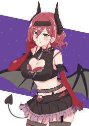 Rule 34 | 1girl, :q, arm at side, arm garter, assault lily, bare shoulders, bat wings, black hair, black shirt, black wings, blush, breasts, brown thighhighs, cleavage, cleavage cutout, closed mouth, clothing cutout, commentary, cowboy shot, crop top, demon costume, demon horns, demon tail, elbow gloves, fake horns, fake tail, fake wings, garter belt, garter straps, gloves, green eyes, hair between eyes, halloween costume, hand to own mouth, hand up, hatsukano you, heart cutout, highres, horns, kanden natsume, large breasts, medium hair, navel, official alternate costume, purple background, red gloves, red hair, shirt, sleeveless, sleeveless shirt, smile, solo, stomach, tail, thighhighs, tiara, tongue, tongue out, two-tone background, white background, wings