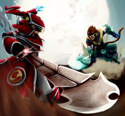 Rule 34 | 2boys, absurdres, alternate costume, armor, bandages, battle, beard, brown hair, facial hair, gauntlets, gloves, glowing, glowing eyes, grin, helmet, highres, krr316, league of legends, male focus, master yi, moon, multiple boys, outdoors, sky, smile, spiked hair, staff, sword, tail, weapon, wukong (league of legends)