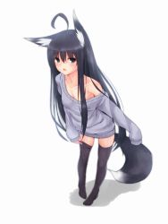 Rule 34 | 1girl, ahoge, animal ears, black eyes, black hair, black thighhighs, blush, breasts, cleavage, collarbone, highres, leaning forward, long hair, looking at viewer, no bra, no pants, no shoes, off shoulder, open mouth, original, second heaven, simple background, small breasts, solo, sweater, tail, thighhighs, very long hair, white background
