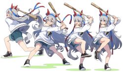 Rule 34 | 1girl, absurdres, animal ears, baseball, baseball bat, black footwear, blue eyes, blue hairband, blurry, blurry background, commentary request, denim, denim shorts, ear ornament, full body, grey hair, grin, hair between eyes, hairband, highres, holding, holding baseball bat, horse ears, horse girl, horse tail, long hair, long sleeves, looking at viewer, multiple views, nishiki kazue, official alternate costume, outdoors, sequential, shoes, shorts, smile, sneakers, sweater, tail, tamamo cross (umamusume), umamusume, very long hair, white sweater