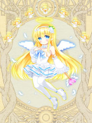 Rule 34 | 1girl, bare shoulders, blonde hair, blue bow, blue eyes, blush, bow, character request, closed mouth, dairoku ryouhei, detached sleeves, dress, flower, frilled sleeves, frills, full body, glowing, glowing wings, hair between eyes, hair flower, hair ornament, hairband, halo, heart, holding, holding wand, layered dress, long hair, long sleeves, official art, pantyhose, pleated dress, pointy ears, puffy long sleeves, puffy sleeves, shikito (yawa0w0), smile, solo, standing, strapless, strapless dress, very long hair, wand, white bow, white dress, white flower, white hairband, white pantyhose, white sleeves, white wings, wings