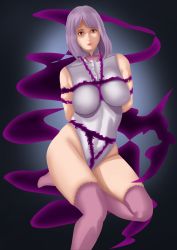 Rule 34 | 1girl, absurdres, bdsm, bondage, bondage outfit, bound, breasts, collstro, dark, demon girl, dress, highres, large breasts, leotard, looking at viewer, melascula, nanatsu no taizai, purple hair, sauce, solo, thighhighs, thighs, tight clothes, tight dress