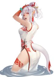 Rule 34 | 1girl, absurdres, alternate eye color, arknights, arms up, ass, breasts, china dress, chinese clothes, dress, hair ornament, hair stick, highres, large breasts, long hair, looking at viewer, multicolored hair, nian (arknights), nian (unfettered freedom) (arknights), official alternate costume, open mouth, ponytail, qingci, red eyes, red hair, simple background, sleeveless, sleeveless dress, solo, standing, streaked hair, tail, thighs, wading, white background, white dress, white hair