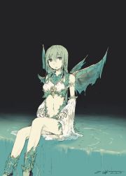 Rule 34 | 1girl, absurdres, angel, angel wings, bare shoulders, clothing cutout, dated, dripping, fairy, fairy wings, flat color, green eyes, green hair, green wings, hair between eyes, highres, long hair, navel, navel cutout, open hands, original, parted lips, see-through, signature, sitting, sketch, solo, torn, torn wings, water, waterfall, wet, wings, zeniyan