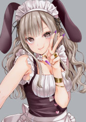Rule 34 | &gt;:), 1girl, animal ears, apron, bangle, bare shoulders, black dress, bracelet, breasts, brown eyes, brown hair, cleavage, closed mouth, commentary request, dress, ear piercing, frilled apron, frills, grey background, hand up, head tilt, heart, highres, jewelry, long hair, looking at viewer, maid, maid headdress, medium breasts, nail polish, original, piercing, purple nails, rabbit ears, ring, simple background, sleeveless, sleeveless dress, smile, solo, twintails, upper body, v, v-shaped eyebrows, waist apron, white apron, yoshida iyo