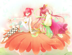 Rule 34 | 2girls, ankle lace-up, barefoot, chinese clothes, cross-laced footwear, dress, ebito, feet, flower, hair ornament, hanfu, magi the labyrinth of magic, morgiana, multiple girls, red eyes, red hair, ren kougyoku, ribbon, shoes, sitting, traditional clothes