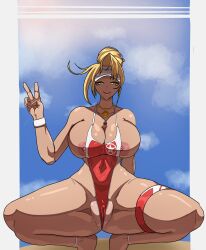 Rule 34 | 1girl, absurdres, action taimanin, alternate costume, alternate hairstyle, artist request, beach, blonde hair, blue sky, breasts, breasts squeezed together, cameltoe, censored, curvy, dark-skinned female, dark skin, day, emily simmons, high ponytail, highleg, highleg swimsuit, highres, huge breasts, large breasts, lifeguard, nipple slip, nipples, official alternate costume, one-piece swimsuit, partially visible vulva, ponytail, red one-piece swimsuit, shaded face, sky, smile, solo, squatting, sunglasses, sweat, swimsuit, taimanin (series), tan, thong one-piece swimsuit, v, wet, wide hips