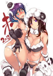 Rule 34 | 10s, 2015, 2girls, @ @, ass, bare shoulders, bikini, black bikini, black gloves, blush, breasts, butt crack, cameltoe, cleavage, crown, elbow gloves, flat chest, front-tie top, full-face blush, fur collar, garter belt, gloves, hat, horns, large breasts, leg warmers, long hair, looking at viewer, looking back, mini crown, mittens, multiple girls, navel, nengajou, new year, open mouth, original, puckered lips, purple eyes, purple hair, sheep horns, short hair, simple background, sitting, star-shaped pupils, star (symbol), swimsuit, symbol-shaped pupils, thighhighs, twintails, utu (wakon), white background, white bikini