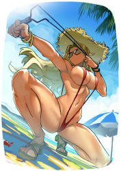 Rule 34 | 1girl, absurdres, blonde hair, breasts, crab, day, hat, highres, large breasts, long hair, name connection, navel, no mouth, original, outdoors, palm tree, slingshot (weapon), slingshot swimsuit, solo, spread legs, squatting, straw hat, sunglasses, swimsuit, thighs, tinted eyewear, tree, twinpoo