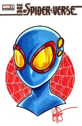 Rule 34 | 1boy, blue mask, colored pencil (medium), comic cover, commentary, english commentary, graphite (medium), ken haeser, lens, lowres, male focus, marvel, official art, portrait, second-party source, signature, sketch, solo, spider-boy (spider-man), spider-man: into the spider-verse, spider-man (series), spider-verse, spider-verse (comics), spider web print, superhero costume, traditional media, western comics (style)
