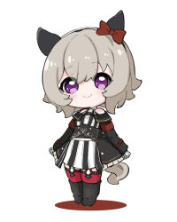 Rule 34 | 1girl, absurdres, animal ears, black footwear, black jacket, blush, boots, bow, chibi, closed mouth, colored shadow, commentary request, curren chan (umamusume), dress, ear bow, full body, garter straps, gloves, grey hair, hair between eyes, highres, horse ears, horse girl, horse tail, jacket, knee boots, long sleeves, looking at viewer, nozo (hitomiz), off shoulder, open clothes, open jacket, purple eyes, red bow, red thighhighs, shadow, simple background, sleeveless, sleeveless dress, sleeves past wrists, smile, solo, standing, striped clothes, striped dress, tail, thighhighs, thighhighs under boots, umamusume, vertical-striped clothes, vertical-striped dress, white background, white gloves