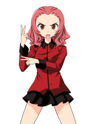 Rule 34 | 1girl, black skirt, brown eyes, commentary, epaulettes, frown, girls und panzer, gofu, jacket, kamen rider, kamen rider v3 (series), long sleeves, looking at viewer, medium hair, military, military uniform, miniskirt, open mouth, pleated skirt, red hair, red jacket, rosehip (girls und panzer), simple background, skirt, solo, st. gloriana&#039;s military uniform, standing, uniform, v-shaped eyebrows, white background
